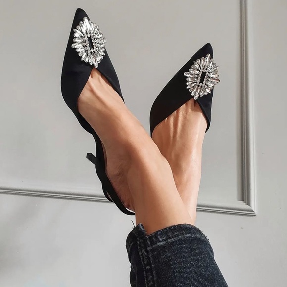 Zara Shoes - Zara Black Satin Pointed Slingback Heels with Crystal Brooch